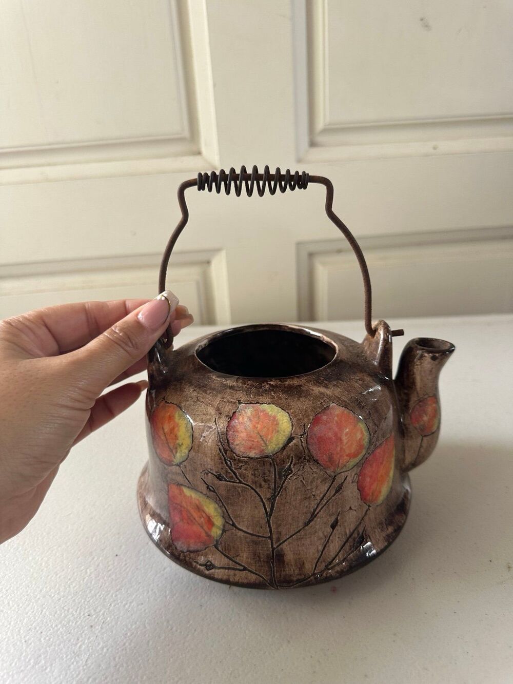 Maria Devlin Signed Vintage Studio Pottery Rustic Impressed Aspen Leaves Teapot